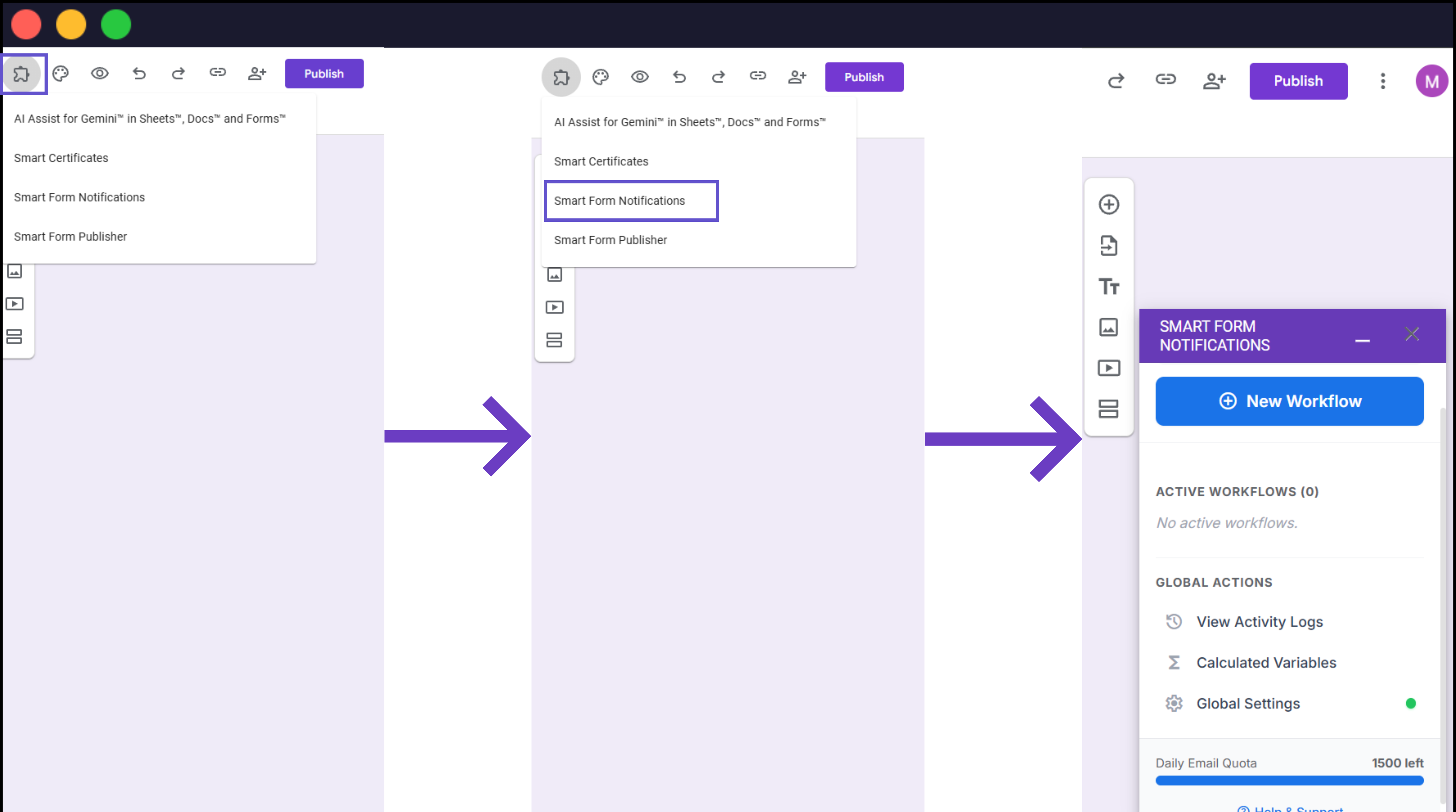 The Google Form editor with the sidebar activated